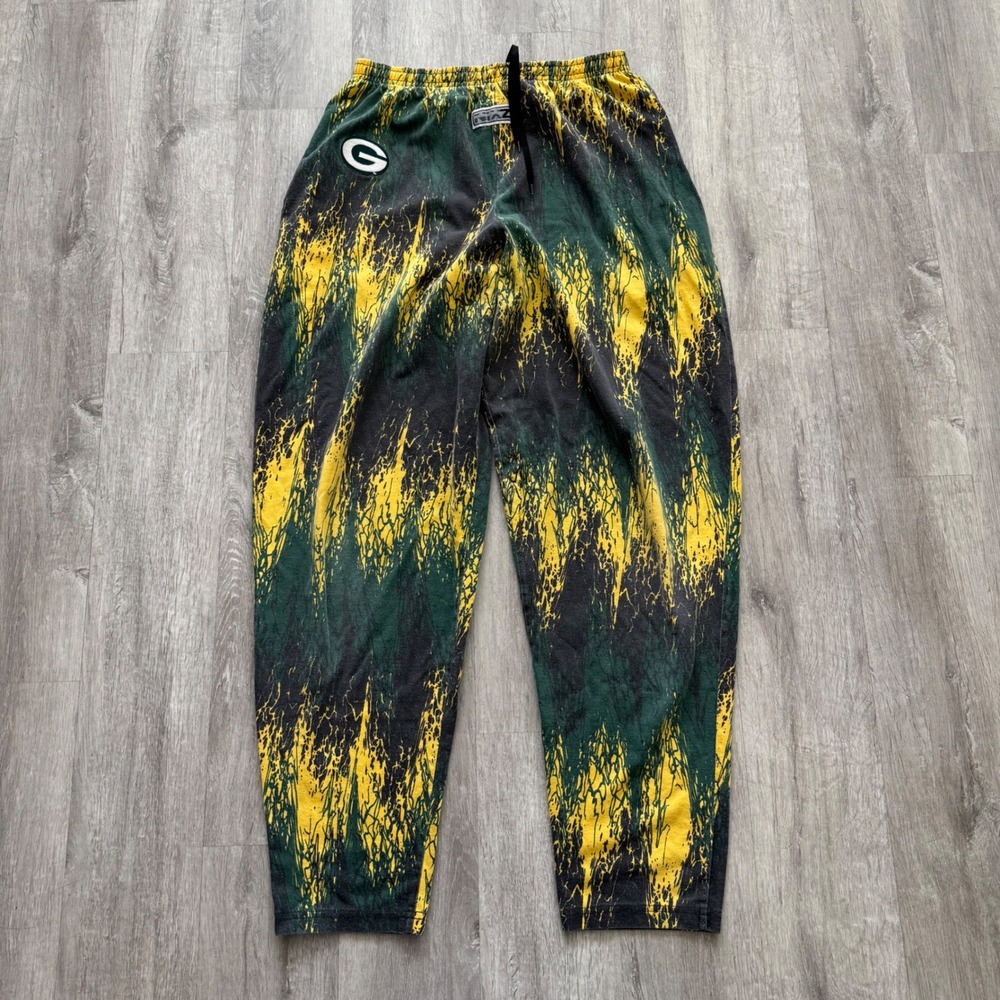 Vintage Zubaz Style Green Bay Packers Pants Green Yellow Jagged Print Medium